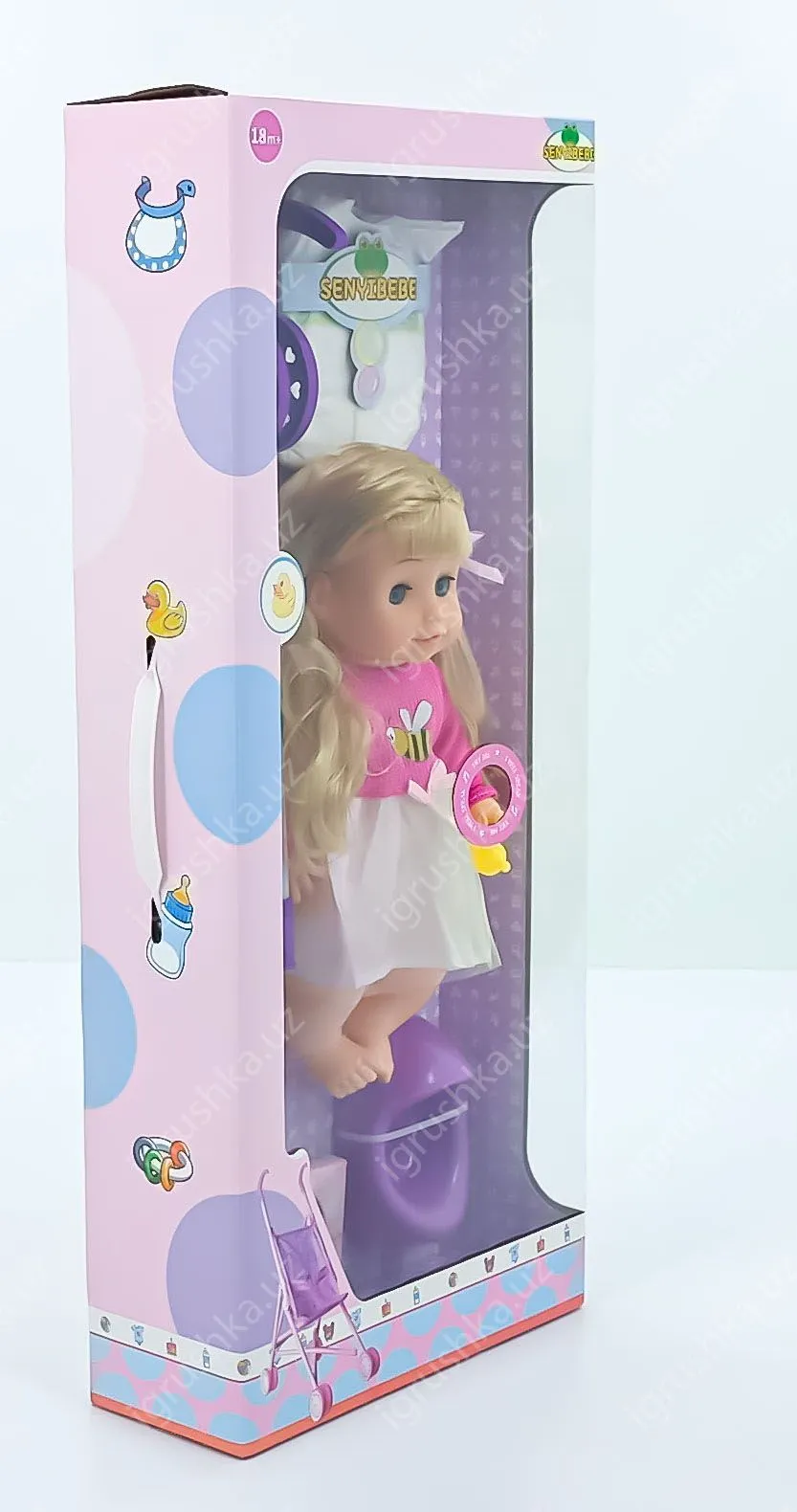 картинка Игрушка кукла со звуком и коляска, бутылочка, горшок, подгузник, салфетки в коробке sy026 от магазина igrushka.uz