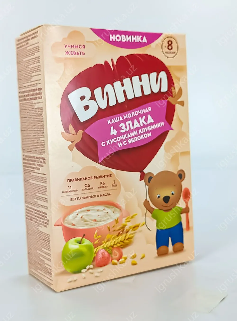 картинка Молочная каша для детей "Винни" 4 злака с кусочками клубники и с яблоком. Для детей с 8 месяцев 200гр. от магазина igrushka.uz