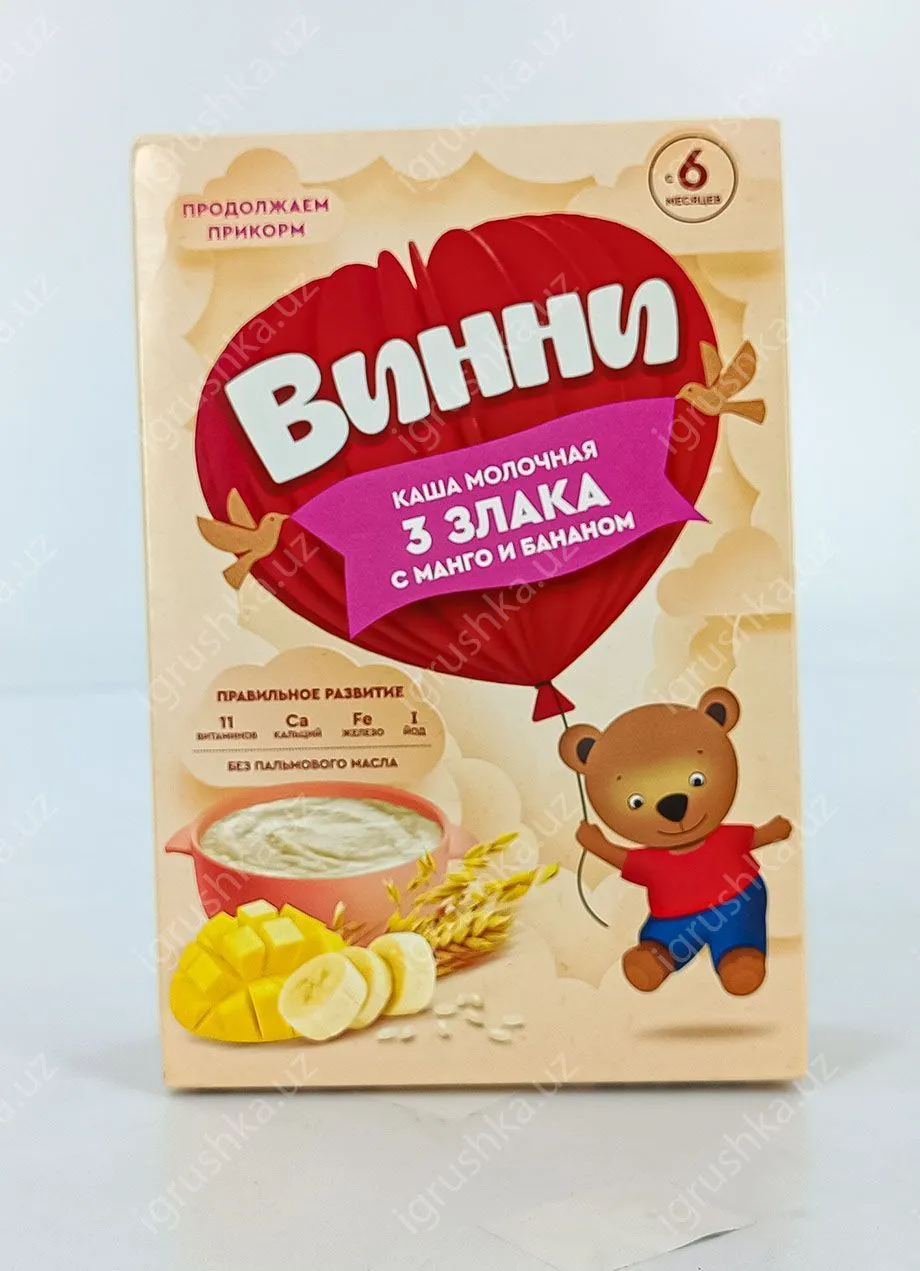 картинка Молочная каша для детей "Винни" 3 злака с манго и бананом. Для детей с 6 месяцев 200гр. от магазина igrushka.uz