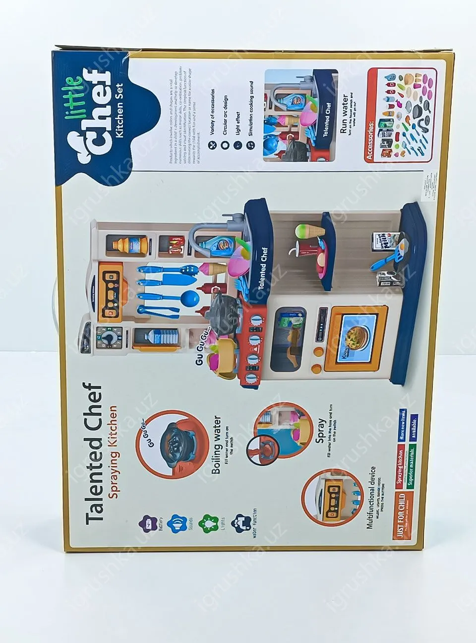 картинка Детская игрушечная кухня Talanted chef, Сhef Kitchen Set с функцией воды, света, звука 78.5 см. 922-116 / 65 предметов от магазина igrushka.uz