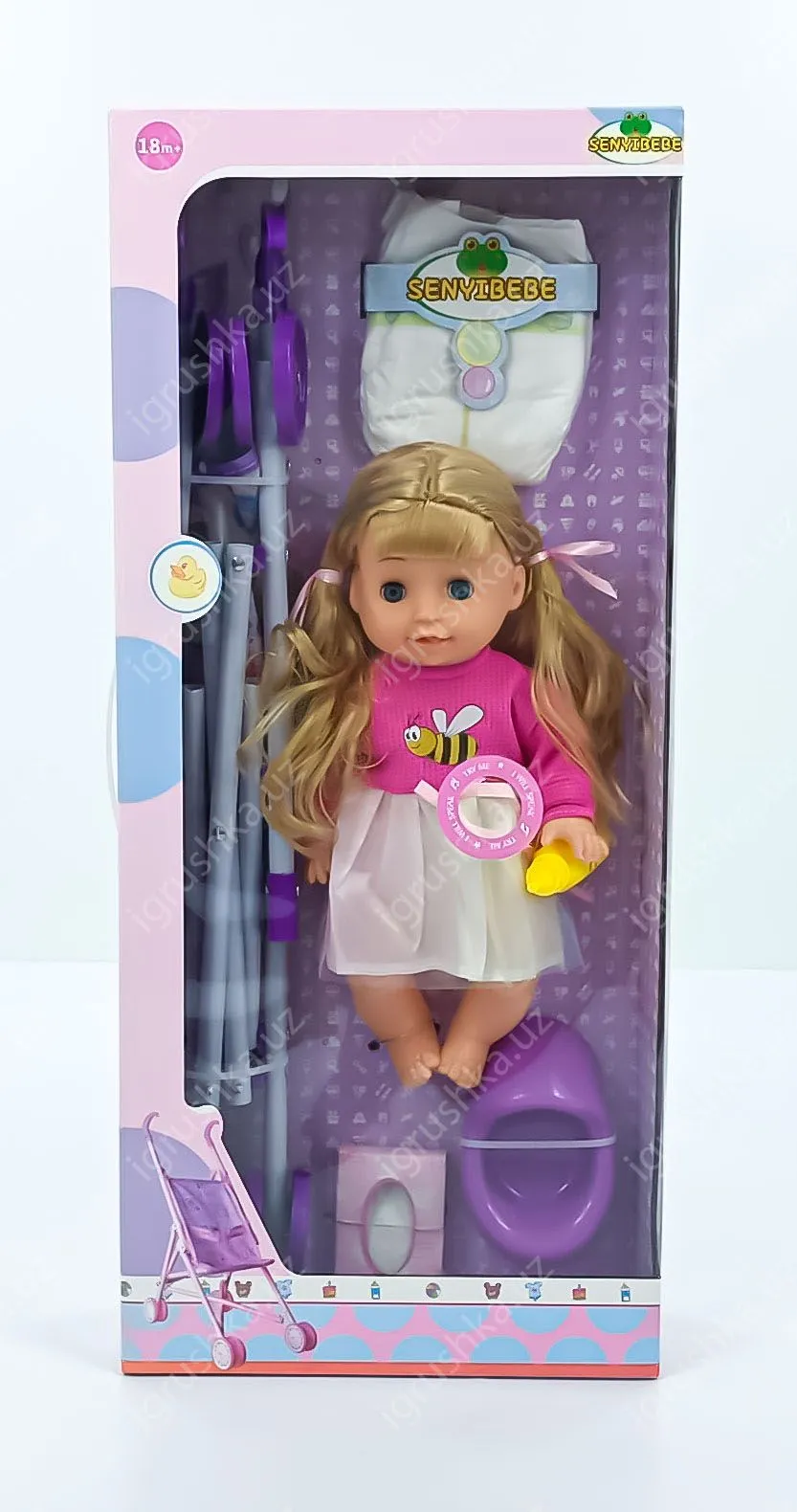картинка Игрушка кукла со звуком и коляска, бутылочка, горшок, подгузник, салфетки в коробке sy026 от магазина igrushka.uz