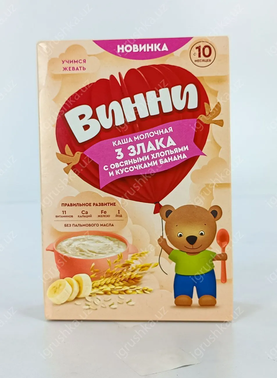 картинка Молочная каша для детей "Винни" 3 злака с овсяными хлопьями и кусочками банана. Для детей с 10 месяцев 200гр. от магазина igrushka.uz