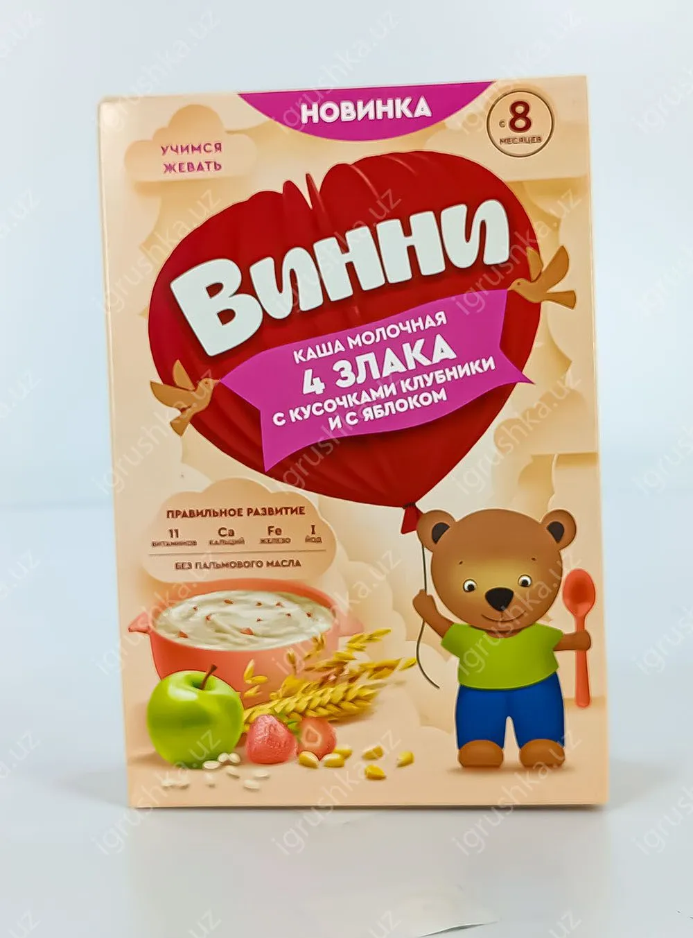 картинка Молочная каша для детей "Винни" 4 злака с кусочками клубники и с яблоком. Для детей с 8 месяцев 200гр. от магазина igrushka.uz