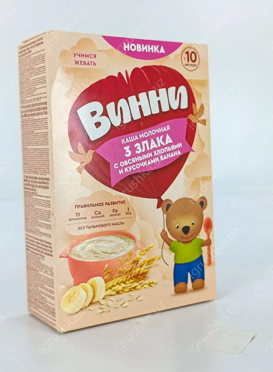 картинка Молочная каша для детей "Винни" 3 злака с овсяными хлопьями и кусочками банана. Для детей с 10 месяцев 200гр. от магазина igrushka.uz