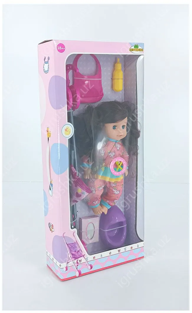 картинка Игрушка кукла со звуком коляска, бутылочка, горшок, фартук, салфетки в коробке sy026 от магазина igrushka.uz