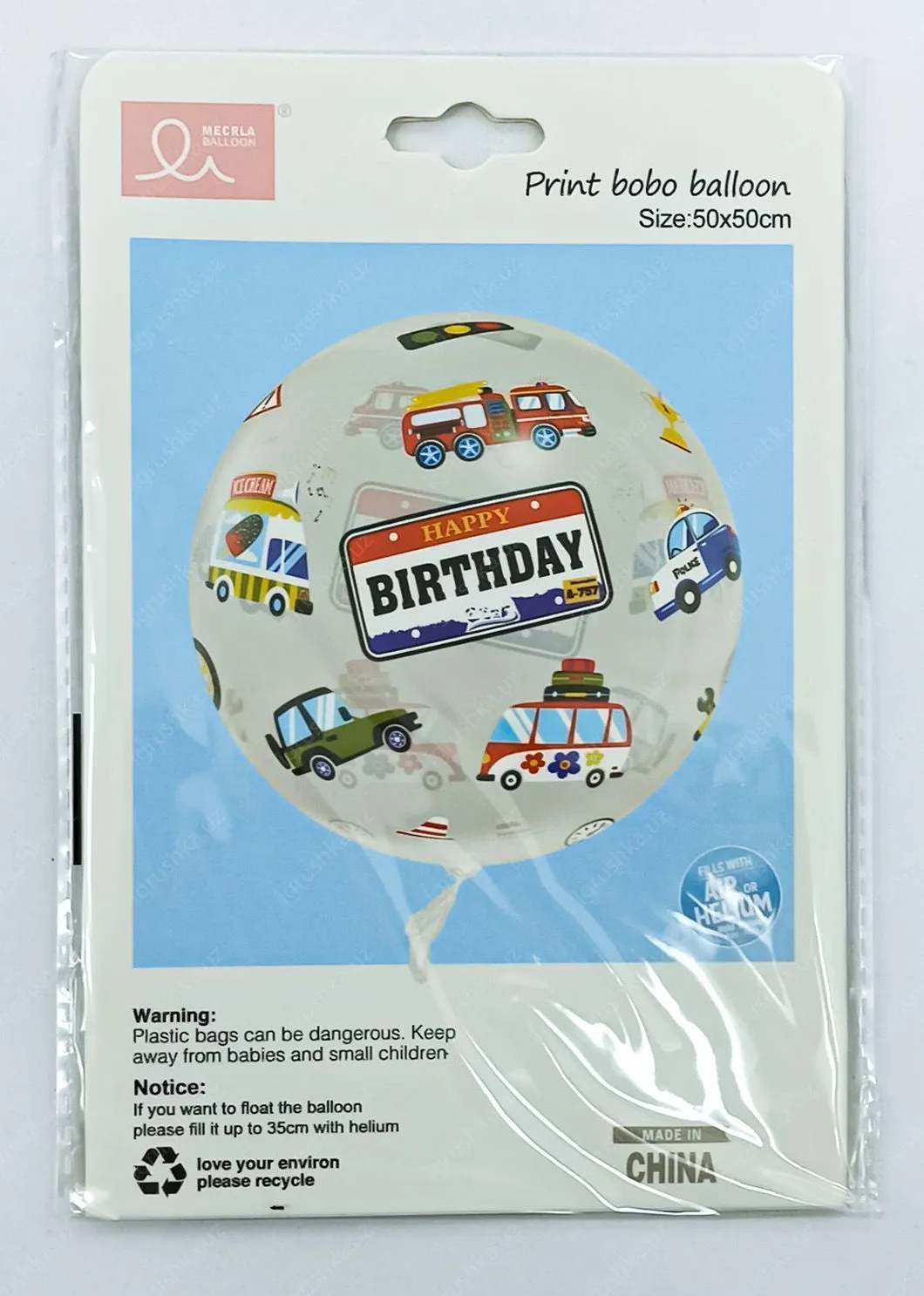 картинка Прозрачный воздушный шар "бобо" с принтом "Happy Birthday" и изображением транспортных средств от магазина igrushka.uz