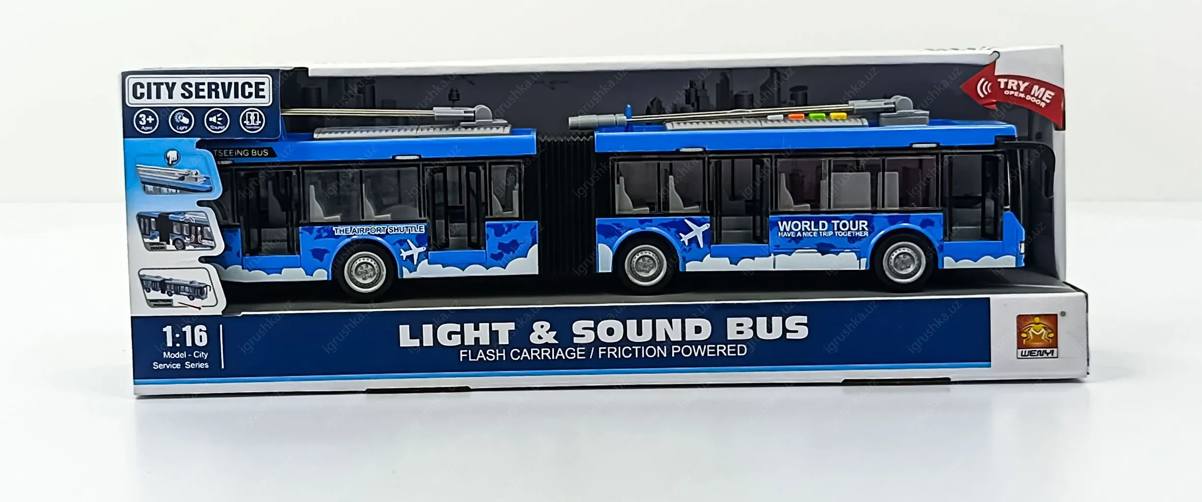 картинка Троллейбус с гармошкой 44 см, свет, звук, откр. двери, инерционный механизм от магазина igrushka.uz