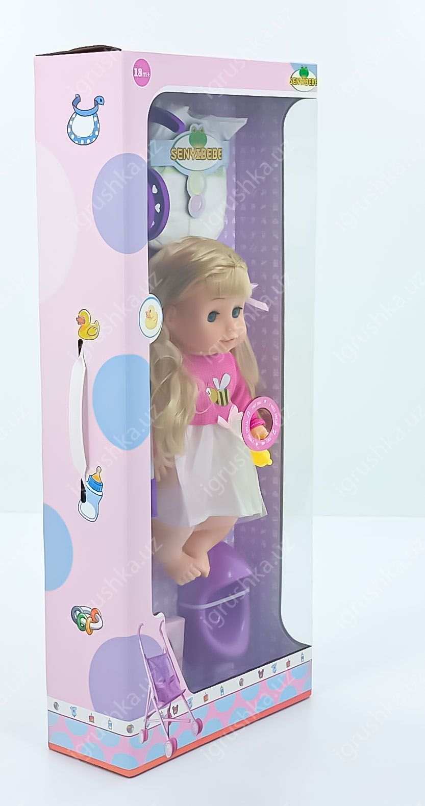 картинка Игрушка кукла со звуком и коляска, бутылочка, горшок, подгузник, салфетки в коробке sy026 от магазина igrushka.uz