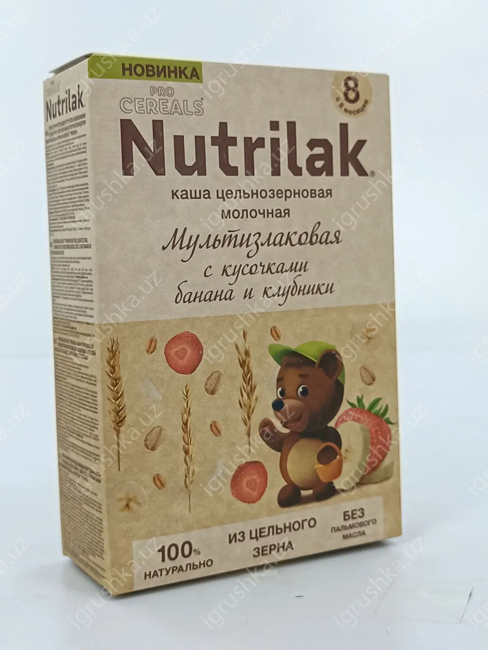 картинка Детская Каша молочная цельнозерновая Nutrilak мультизлаковая с кусочками банана и клубники. Для детей с 8 месяцев 200гр. от магазина igrushka.uz