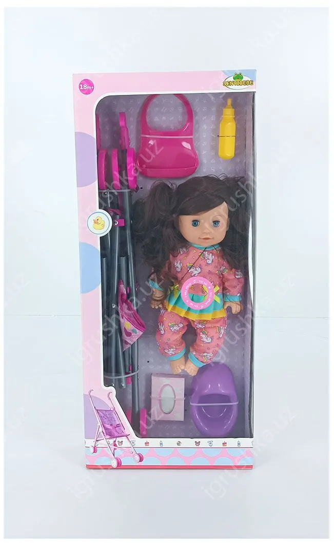 картинка Игрушка кукла со звуком коляска, бутылочка, горшок, фартук, салфетки в коробке sy026 от магазина igrushka.uz
